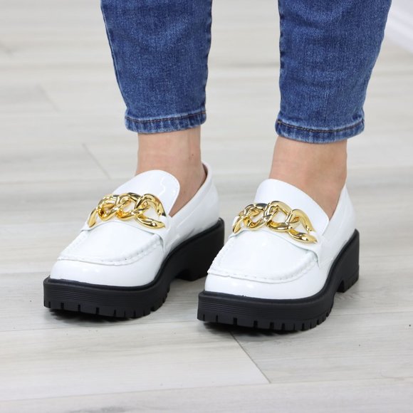 White Patent Chunky Lug Sole Slip On Penny Loafers Platform With Gold Chain - Picture 11 of 16